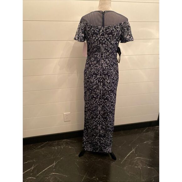 JS Collections Blue Metallic Illusion Yoke Scroll Embroidered Gown NWOT Size 2 - Picture 8 of 13